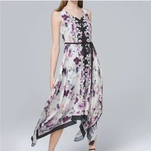 White House Black Market Dresses & Skirts - WHBM Handkerchief Hem Purple/White Floral Sleeveless Dress, 12